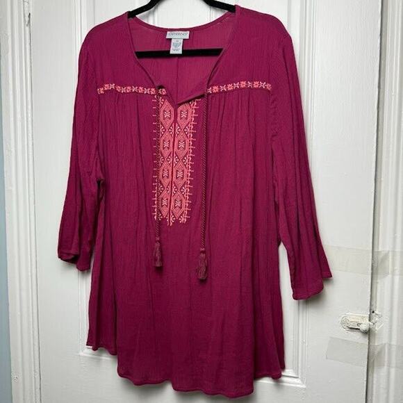 Boho Blouse Womens 2X Maroon Embroidered Pullover French Tassels Southwestern - Picture 1 of 5